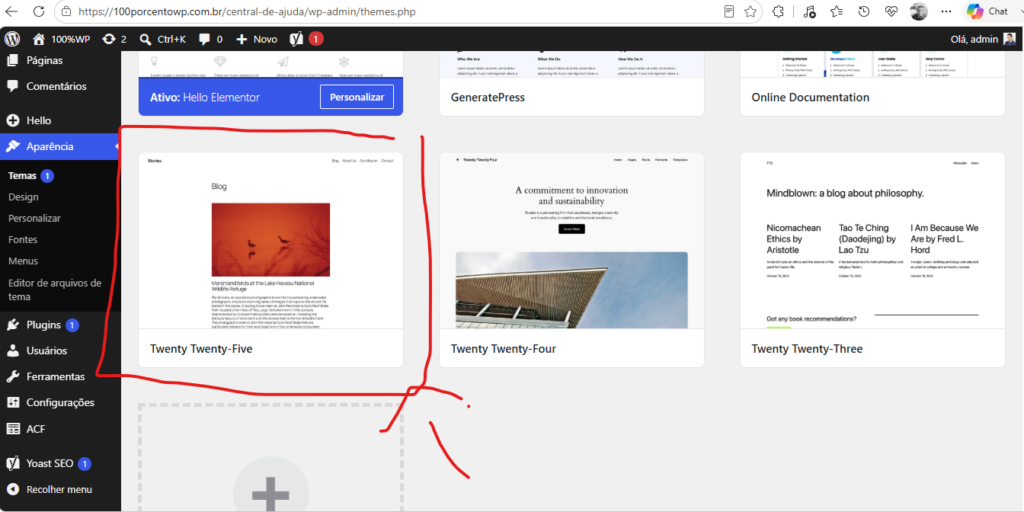 Ative um tema padrão do WordPress