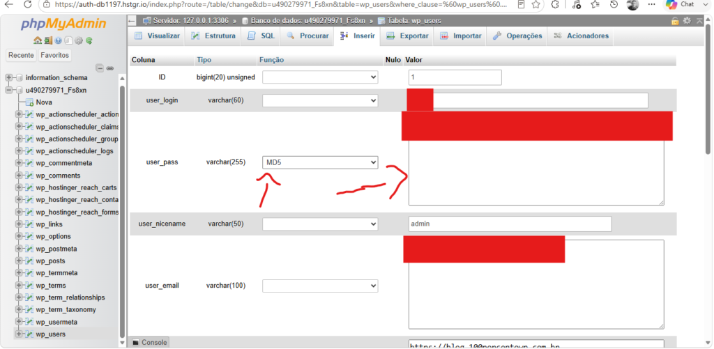 Mude a senha no valor através do phpmyadmin